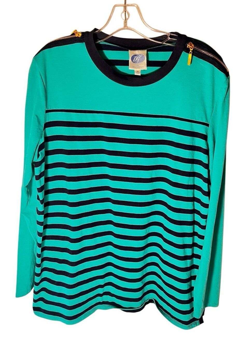 DianeβGilman DG2 Striped Long Sleeve Blue/Green W Gold Zipper Shoulder Accent XL